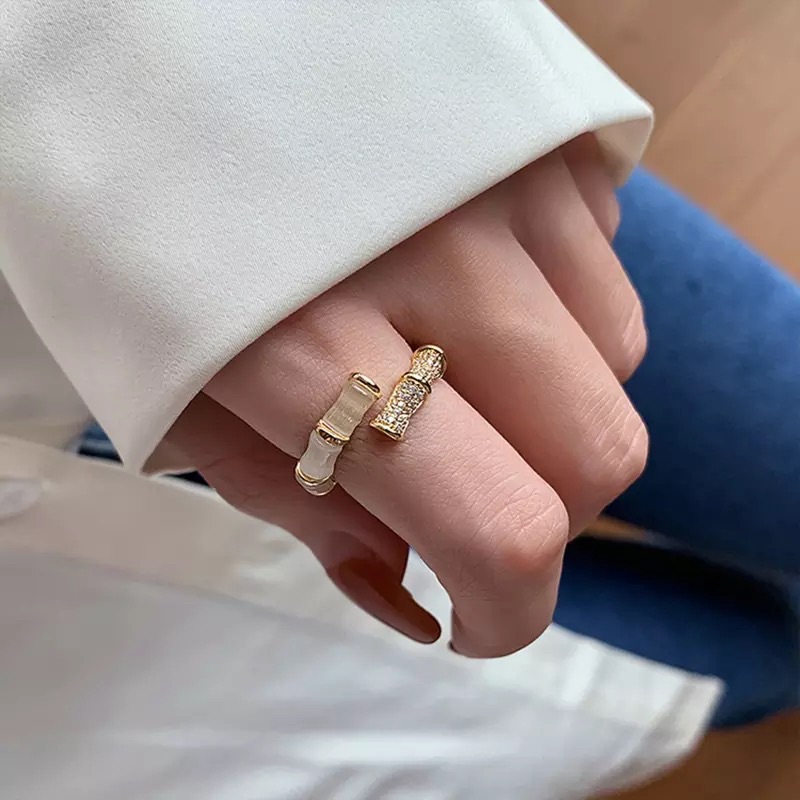 Golden Opal Bamboo Ring, Designed White Opal Open Adjustable Size Luxury Ring